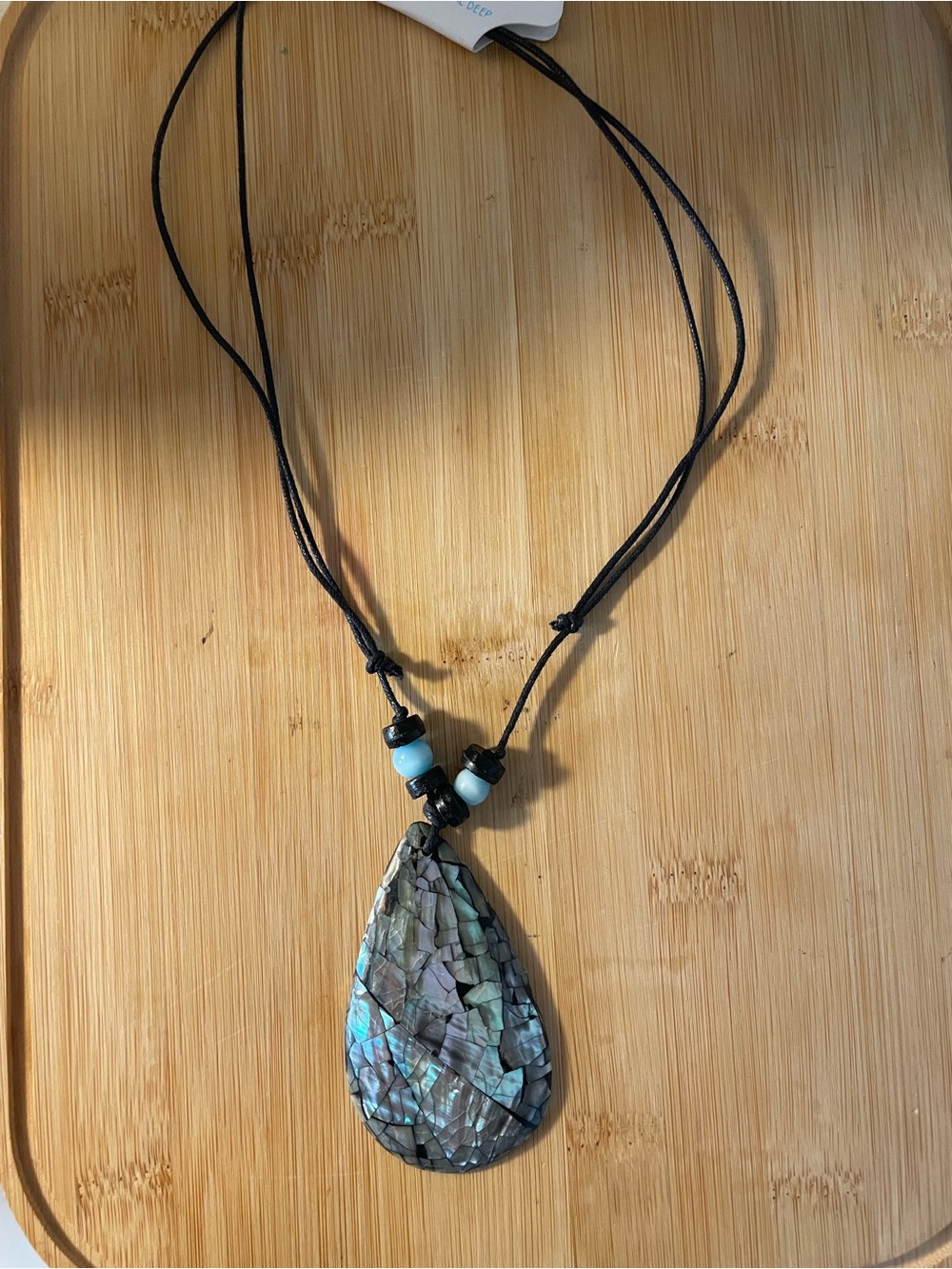Handmade Iridescent Abalone Teardrop Pendant Necklace - Black Cord